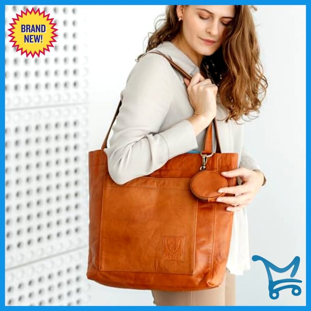Large Genuine Leather Tote Bag with Detachable Pouch and Magnetic Closure - Picture 2 of 7